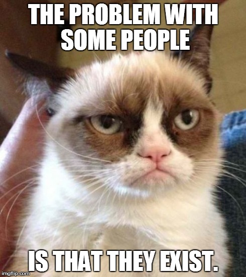 Grumpy Cat Reverse Meme | THE PROBLEM WITH SOME PEOPLE IS THAT THEY EXIST. | image tagged in memes,grumpy cat reverse,grumpy cat | made w/ Imgflip meme maker