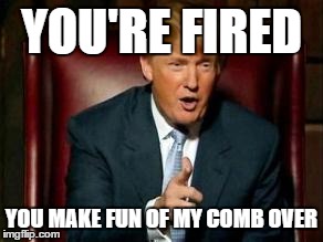 Donald Trump | YOU'RE FIRED YOU MAKE FUN OF MY COMB OVER | image tagged in donald trump | made w/ Imgflip meme maker