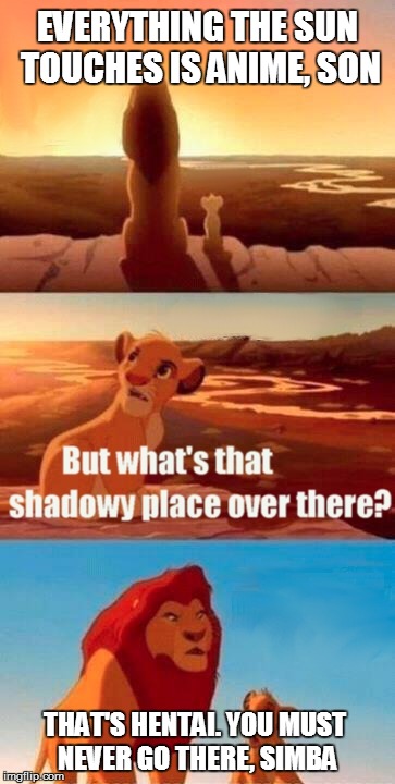 Simba Shadowy Place | EVERYTHING THE SUN TOUCHES IS ANIME, SON THAT'S HENTAI. YOU MUST NEVER GO THERE, SIMBA | image tagged in memes,simba shadowy place | made w/ Imgflip meme maker