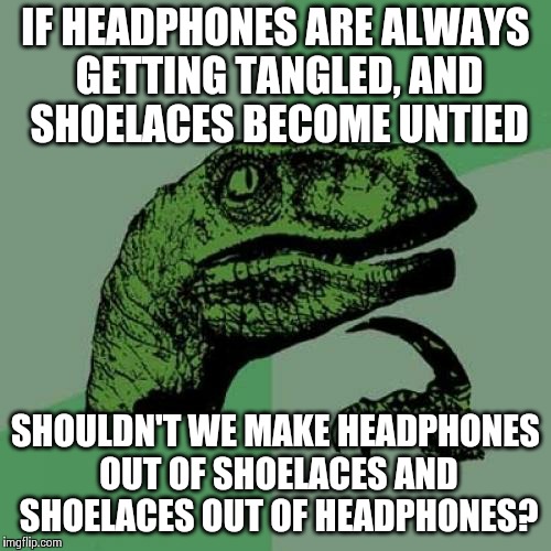 Philosoraptor | IF HEADPHONES ARE ALWAYS GETTING TANGLED, AND SHOELACES BECOME UNTIED SHOULDN'T WE MAKE HEADPHONES OUT OF SHOELACES AND SHOELACES OUT OF HEA | image tagged in memes,philosoraptor | made w/ Imgflip meme maker