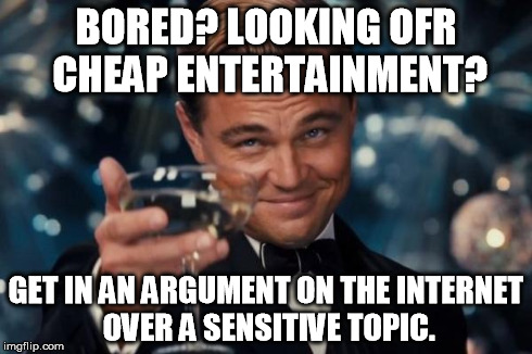 What I learned today on the internet is... | BORED? LOOKING OFR CHEAP ENTERTAINMENT? GET IN AN ARGUMENT ON THE INTERNET OVER A SENSITIVE TOPIC. | image tagged in memes,leonardo dicaprio cheers | made w/ Imgflip meme maker