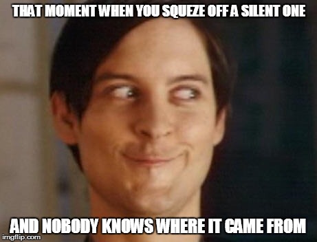 Gasser | THAT MOMENT WHEN YOU SQUEZE OFF A SILENT ONE AND NOBODY KNOWS WHERE IT CAME FROM | image tagged in memes,spiderman peter parker,fart | made w/ Imgflip meme maker