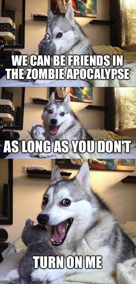 Zombie Apocalypse  | WE CAN BE FRIENDS IN THE ZOMBIE APOCALYPSE AS LONG AS YOU DON'T TURN ON ME | image tagged in memes,bad pun dog,zombies,puns,funny,funny memes | made w/ Imgflip meme maker
