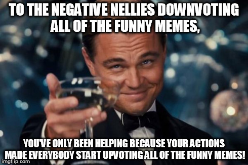 Leonardo Dicaprio Cheers | TO THE NEGATIVE NELLIES DOWNVOTING ALL OF THE FUNNY MEMES, YOU'VE ONLY BEEN HELPING BECAUSE YOUR ACTIONS MADE EVERYBODY START UPVOTING ALL O | image tagged in memes,leonardo dicaprio cheers | made w/ Imgflip meme maker