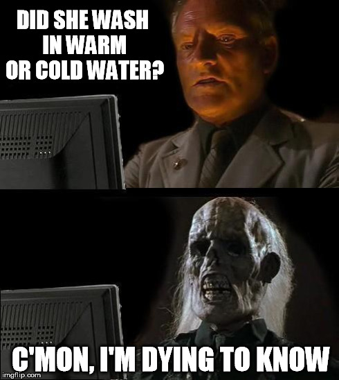I'll Just Wait Here Meme | DID SHE WASH IN WARM OR COLD WATER? C'MON, I'M DYING TO KNOW | image tagged in memes,ill just wait here | made w/ Imgflip meme maker