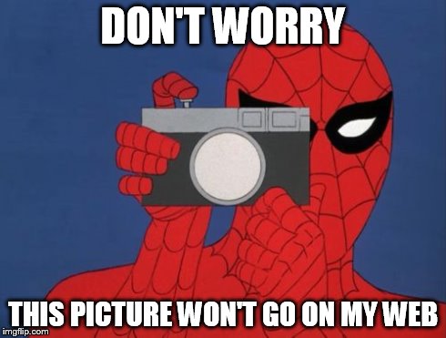 Spiderman Camera | DON'T WORRY THIS PICTURE WON'T GO ON MY WEB | image tagged in memes,spiderman camera,spiderman | made w/ Imgflip meme maker