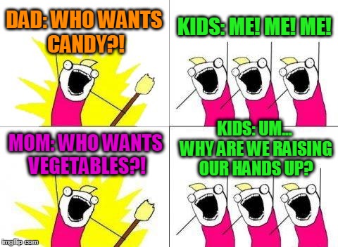 What Do We Want Meme | DAD: WHO WANTS CANDY?! KIDS: ME! ME! ME! MOM: WHO WANTS VEGETABLES?! KIDS: UM... WHY ARE WE RAISING OUR HANDS UP? | image tagged in memes,what do we want | made w/ Imgflip meme maker