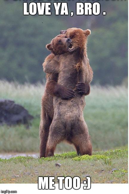 hugging bears | LOVE YA , BRO . ME TOO :) | image tagged in hugging bears | made w/ Imgflip meme maker