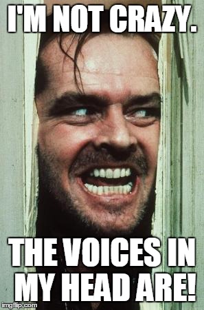 Here's Johnny | I'M NOT CRAZY. THE VOICES IN MY HEAD ARE! | image tagged in memes,heres johnny | made w/ Imgflip meme maker