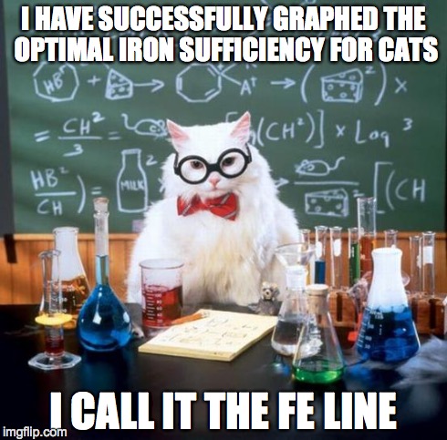 Chemistry Cat | I HAVE SUCCESSFULLY GRAPHED THE OPTIMAL IRON SUFFICIENCY FOR CATS I CALL IT THE FE LINE | image tagged in memes,chemistry cat | made w/ Imgflip meme maker