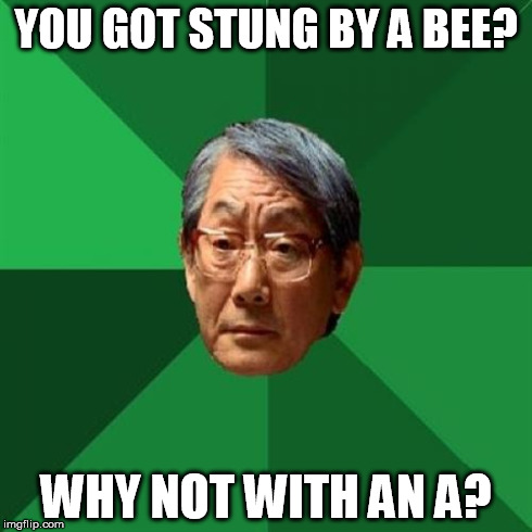 High Expectations Asian Father | YOU GOT STUNG BY A BEE? WHY NOT WITH AN A? | image tagged in memes,high expectations asian father | made w/ Imgflip meme maker