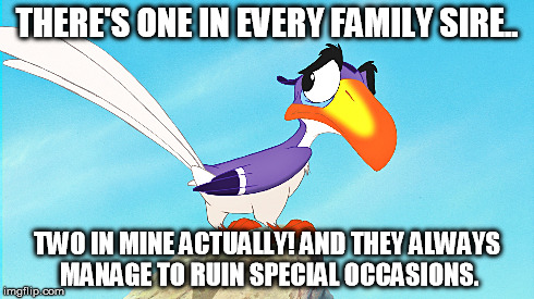 Zazu: There's one in every family - two in mine, actually - and they always manage to ruin special occasions. | THERE'S ONE IN EVERY FAMILY SIRE.. TWO IN MINE ACTUALLY! AND THEY ALWAYS MANAGE TO RUIN SPECIAL OCCASIONS. | image tagged in zazu,lion king,one in every family,mufasa,simba,the lion king | made w/ Imgflip meme maker