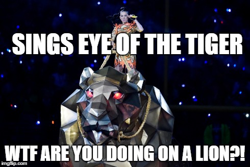 Get it right girl! | SINGS EYE OF THE TIGER WTF ARE YOU DOING ON A LION?! | image tagged in katy perry | made w/ Imgflip meme maker