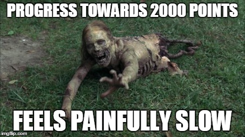 Feels painfully slow | PROGRESS TOWARDS 2000 POINTS FEELS PAINFULLY SLOW | image tagged in bicycle girl from walking dead,bicycle girl,the walking dead,zombies,noob,imgflip | made w/ Imgflip meme maker