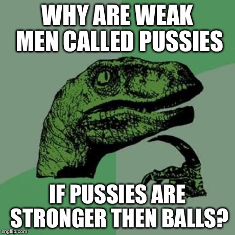 Philosoraptor | WHY ARE WEAK MEN CALLED PUSSIES IF PUSSIES ARE STRONGER THEN BALLS? | image tagged in memes,philosoraptor | made w/ Imgflip meme maker