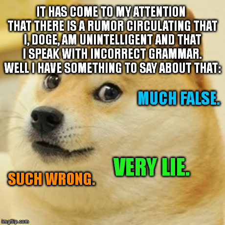 Doge | IT HAS COME TO MY ATTENTION THAT THERE IS A RUMOR CIRCULATING THAT I, DOGE, AM UNINTELLIGENT AND THAT I SPEAK WITH INCORRECT GRAMMAR. WELL I | image tagged in memes,doge | made w/ Imgflip meme maker