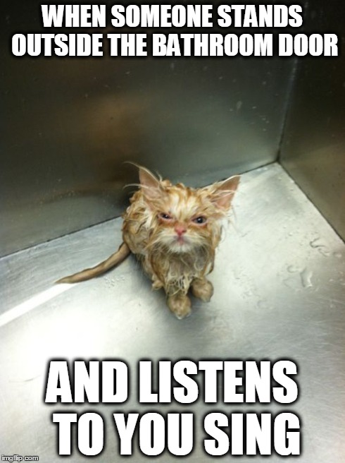 Kill You Cat | WHEN SOMEONE STANDS OUTSIDE THE BATHROOM DOOR AND LISTENS TO YOU SING | image tagged in memes,kill you cat | made w/ Imgflip meme maker