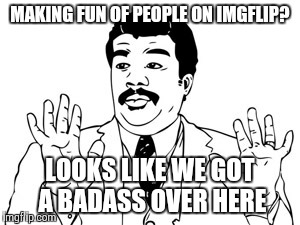 Neil deGrasse Tyson | MAKING FUN OF PEOPLE ON IMGFLIP? LOOKS LIKE WE GOT A BADASS OVER HERE | image tagged in memes,neil degrasse tyson | made w/ Imgflip meme maker