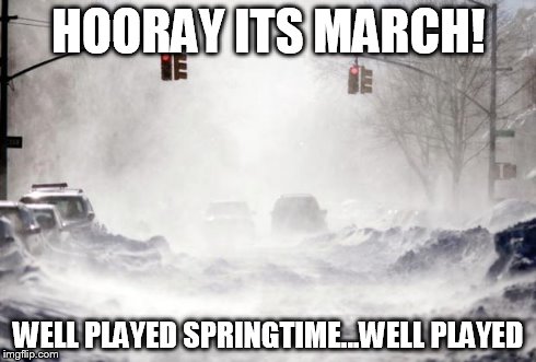 oh spring.. where for art thou? | HOORAY ITS MARCH! WELL PLAYED SPRINGTIME...WELL PLAYED | image tagged in snowpocalypse,spring | made w/ Imgflip meme maker