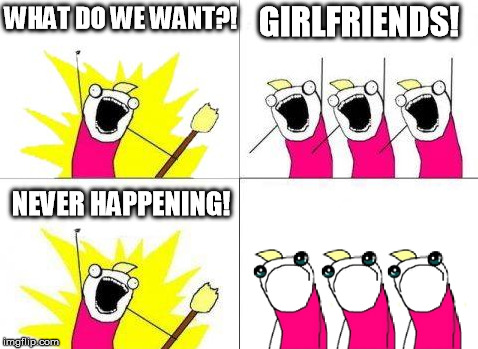 Ruin all the self-esteem!  | WHAT DO WE WANT?! GIRLFRIENDS! NEVER HAPPENING! | image tagged in what do we want | made w/ Imgflip meme maker