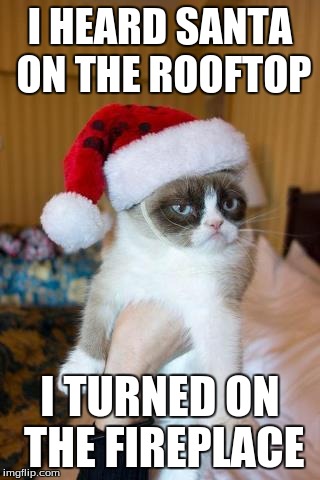 Grumpy Cat Christmas | I HEARD SANTA ON THE ROOFTOP I TURNED ON THE FIREPLACE | image tagged in memes,grumpy cat christmas,grumpy cat | made w/ Imgflip meme maker