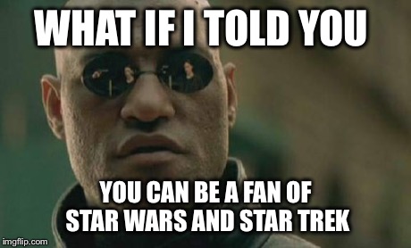 Matrix Morpheus | WHAT IF I TOLD YOU YOU CAN BE A FAN OF STAR WARS AND STAR TREK | image tagged in memes,matrix morpheus | made w/ Imgflip meme maker