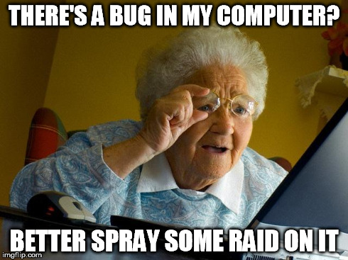 Grandma Finds The Internet | THERE'S A BUG IN MY COMPUTER? BETTER SPRAY SOME RAID ON IT | image tagged in memes,grandma finds the internet | made w/ Imgflip meme maker