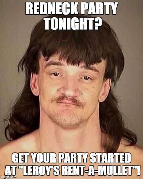 REDNECK PARTY TONIGHT? GET YOUR PARTY STARTED AT "LEROY'S RENT-A-MULLET"! | image tagged in redneck,rednecks,mullet | made w/ Imgflip meme maker