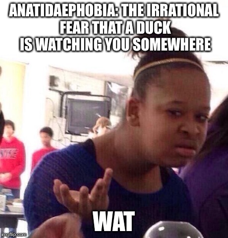 Black Girl Wat | ANATIDAEPHOBIA: THE IRRATIONAL FEAR THAT A DUCK IS WATCHING YOU SOMEWHERE WAT | image tagged in memes,black girl wat | made w/ Imgflip meme maker