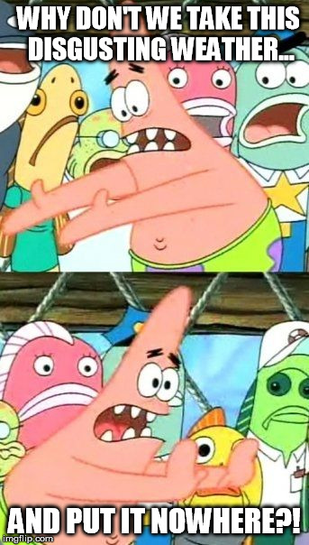 Yeah, let's just get rid of it! | WHY DON'T WE TAKE THIS DISGUSTING WEATHER... AND PUT IT NOWHERE?! | image tagged in memes,put it somewhere else patrick,weather,cold,cold weather,spring | made w/ Imgflip meme maker
