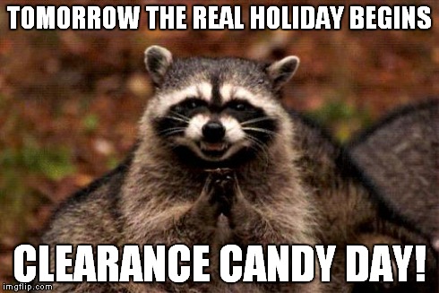 Evil Plotting Raccoon | TOMORROW THE REAL HOLIDAY BEGINS CLEARANCE CANDY DAY! | image tagged in memes,evil plotting raccoon,holiday,candy,shopping | made w/ Imgflip meme maker