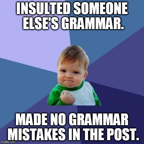Success Kid | INSULTED SOMEONE ELSE'S GRAMMAR. MADE NO GRAMMAR MISTAKES IN THE POST. | image tagged in memes,success kid | made w/ Imgflip meme maker