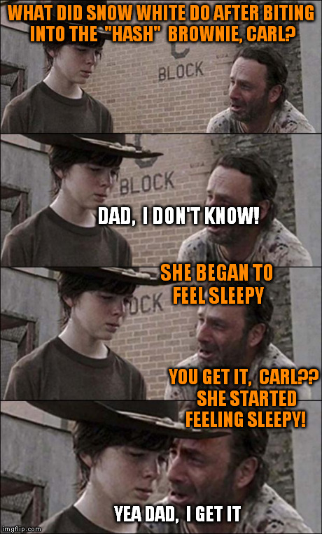 the walking dead coral | WHAT DID SNOW WHITE DO AFTER BITING INTO THE  "HASH"  BROWNIE, CARL? YOU GET IT,  CARL??  SHE STARTED FEELING SLEEPY! DAD,  I DON'T KNOW! SH | image tagged in the walking dead coral | made w/ Imgflip meme maker
