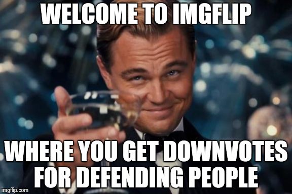 Leonardo Dicaprio Cheers | WELCOME TO IMGFLIP WHERE YOU GET DOWNVOTES FOR DEFENDING PEOPLE | image tagged in memes,leonardo dicaprio cheers | made w/ Imgflip meme maker