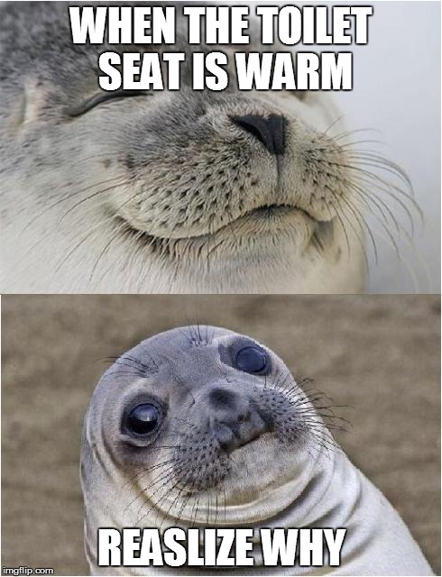 Awkward moment seal | WHEN THE TOILET SEAT IS WARM REASLIZE WHY | image tagged in awkward moment seal | made w/ Imgflip meme maker