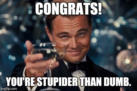 Leonardo Dicaprio Cheers Meme | CONGRATS! YOU'RE STUPIDER THAN DUMB. | image tagged in memes,leonardo dicaprio cheers | made w/ Imgflip meme maker