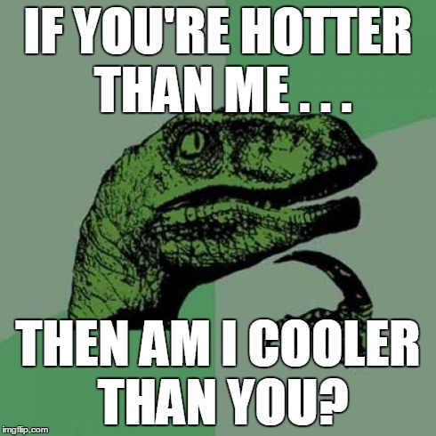 Philosoraptor | IF YOU'RE HOTTER THAN ME . . . THEN AM I COOLER THAN YOU? | image tagged in memes,philosoraptor | made w/ Imgflip meme maker
