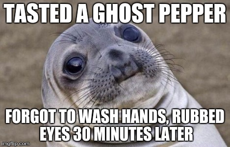 Awkward Moment Sealion | TASTED A GHOST PEPPER FORGOT TO WASH HANDS, RUBBED EYES 30 MINUTES LATER | image tagged in memes,awkward moment sealion | made w/ Imgflip meme maker