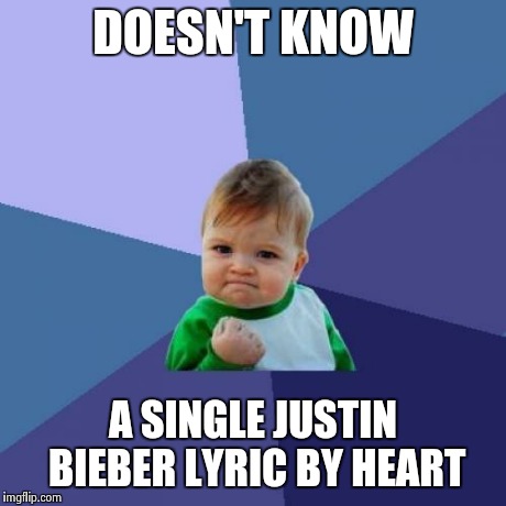 Success Kid Meme | DOESN'T KNOW A SINGLE JUSTIN BIEBER LYRIC BY HEART | image tagged in memes,success kid | made w/ Imgflip meme maker