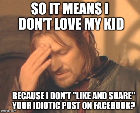 Frustrated Boromir Meme | SO IT MEANS I DON'T LOVE MY KID BECAUSE I DON'T "LIKE AND SHARE" YOUR IDIOTIC POST ON FACEBOOK? | image tagged in memes,frustrated boromir | made w/ Imgflip meme maker