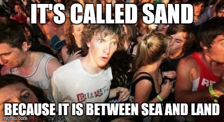 Except for Darude - SANDstorm | IT'S CALLED SAND BECAUSE IT IS BETWEEN SEA AND LAND | image tagged in memes,sudden clarity clarence,funny,sea,land,sand | made w/ Imgflip meme maker