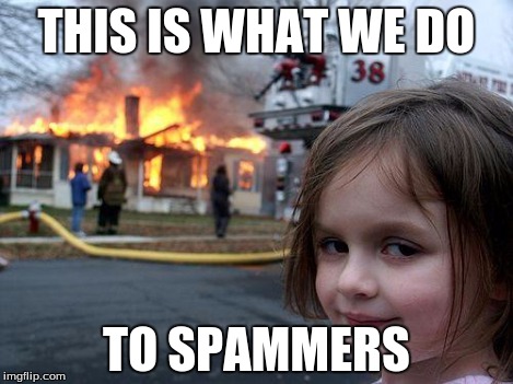 Disaster Girl | THIS IS WHAT WE DO TO SPAMMERS | image tagged in memes,disaster girl | made w/ Imgflip meme maker