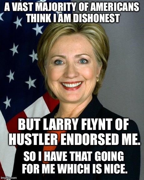 Hillary Clinton Meme | A VAST MAJORITY OF AMERICANS THINK I AM DISHONEST BUT LARRY FLYNT OF HUSTLER ENDORSED ME. SO I HAVE THAT GOING FOR ME WHICH IS NICE. | image tagged in hillaryclinton | made w/ Imgflip meme maker
