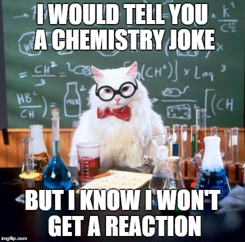 get the pun? i know its bad | I WOULD TELL YOU A CHEMISTRY JOKE BUT I KNOW I WON'T GET A REACTION | image tagged in memes,chemistry cat | made w/ Imgflip meme maker