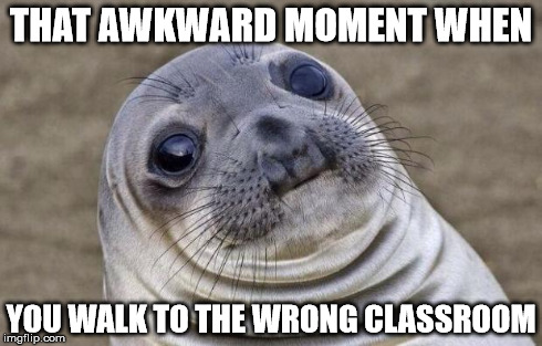 Who hasn't done this? | THAT AWKWARD MOMENT WHEN YOU WALK TO THE WRONG CLASSROOM | image tagged in memes,awkward moment sealion | made w/ Imgflip meme maker