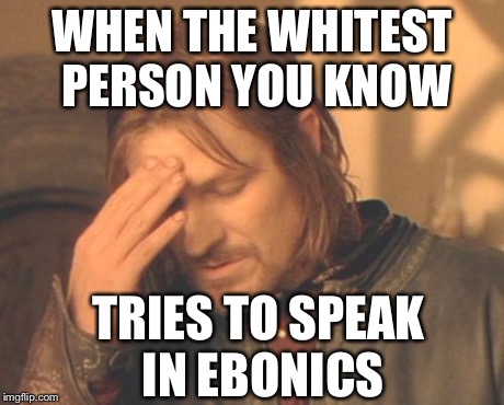 Frustrated Boromir Meme | WHEN THE WHITEST PERSON YOU KNOW TRIES TO SPEAK IN EBONICS | image tagged in memes,frustrated boromir | made w/ Imgflip meme maker