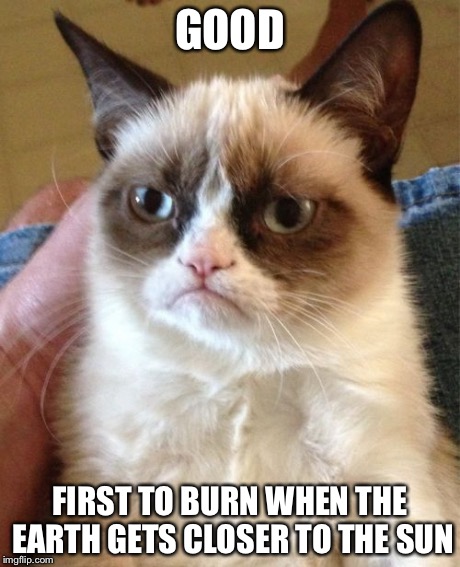 Grumpy Cat Meme | GOOD FIRST TO BURN WHEN THE EARTH GETS CLOSER TO THE SUN | image tagged in memes,grumpy cat | made w/ Imgflip meme maker