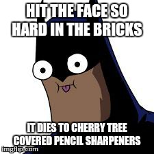 What? Do you really think I know what I said either? | HIT THE FACE SO HARD IN THE BRICKS IT DIES TO CHERRY TREE COVERED PENCIL SHARPENERS | image tagged in batman derp | made w/ Imgflip meme maker