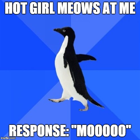 Socially Awkward Penguin | HOT GIRL MEOWS AT ME RESPONSE: "MOOOOO" | image tagged in memes,socially awkward penguin,AdviceAnimals | made w/ Imgflip meme maker