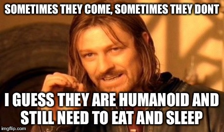 One Does Not Simply Meme | SOMETIMES THEY COME, SOMETIMES THEY DONT I GUESS THEY ARE HUMANOID AND STILL NEED TO EAT AND SLEEP | image tagged in memes,one does not simply | made w/ Imgflip meme maker